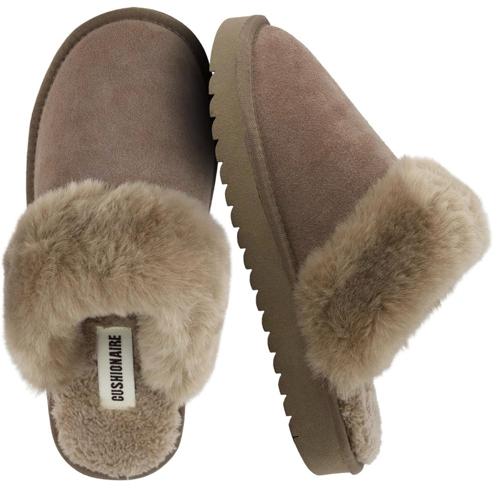 Taupe CUSHIONAIRE Hush Cozy Womens Slippers with Faux Fur Lining Slip On Mule